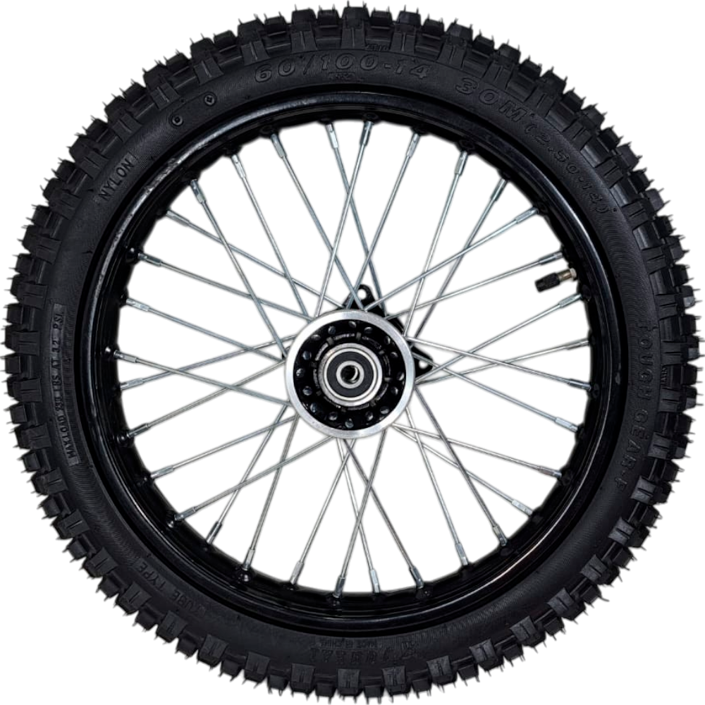 Jante Dianteira + Pneu 60/100-14 (1.40x14&quot;, Eixo 12mm) - Pitbike